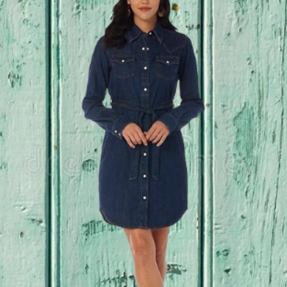 Wrangler Retro XS S Denim Western Embroidered Dress Shirtdress Belted Nwt - Picture 4 of 10